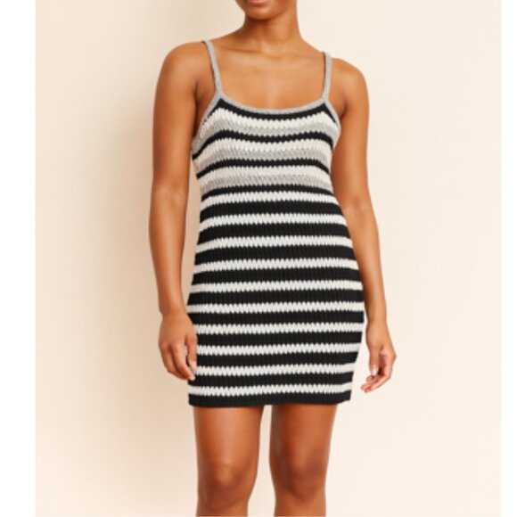 Handmade Crochet Striped Mini Dress – Black, White & Gray, Fitted, Sleeveless - Picture 2 of 2